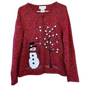 VTG Mandal Bay Cardigan Sweater Womens‎ L Red Embroidery Snowman Buttons Holiday